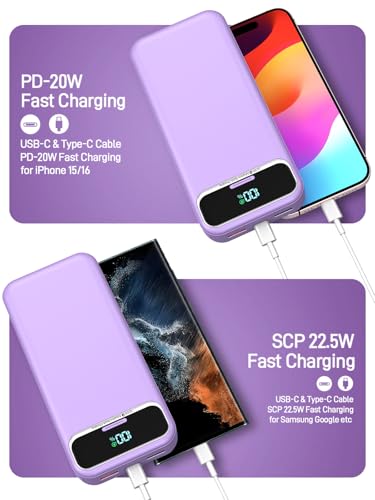Image of Nusyddy Portable Charger 20000mAh 22.5W w /Built-in Cables & Wall Plug Purp. | 22.5W Fast Charging, High Capacity, LED Display, Charge 5 Devices at once, TSA Approved, Compatible with iPhone /iPad /Samsung
