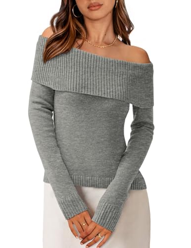 PRETTYGARDEN Off The Shoulder Sweater for Women 2025 Fall Fashion Cute Long Sleeve Tops Winter Ribbed Pullover Knit Outfits