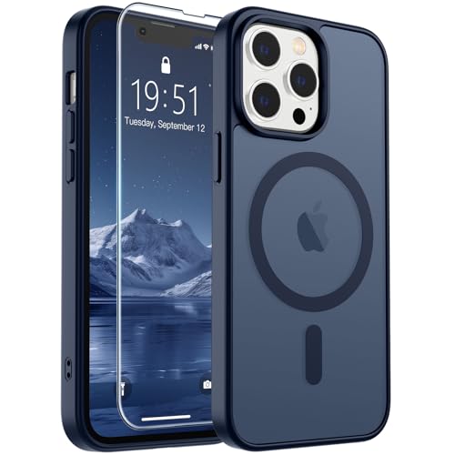 Image of SUPFINE Magnetic for iPhone 13 Pro Max Case with Screen Protector (Compatible with MagSafe) (Military Grade Drop Protection) Translucent Matte Shockproof Phone Cover,Dark Blue