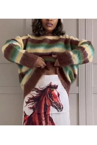 Vakkest Women's Striped Pullover Sweater Long Sleeve Crewneck Cute Color Block Fall Cozy Fuzzy Knitted Loose Tops4