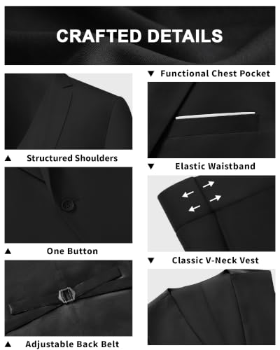 Image of LUPURTY Men's 3 Piece Suit with Bow Tie, One Button Slim Fit Tuxedo Set with Jacket Vest & Pants for Wedding Prom Business