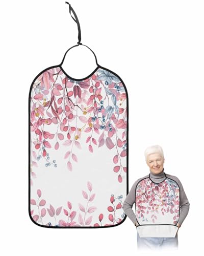 LEOKOTI Pink Blue Eucalyptus Leaves Adult Bibs for Eating, Waterproof Bibs with Food Catcher & Snap Closure, Weeping Spring Summer Botanical Washable Clothing Protectors Adult Bibs for Elderly