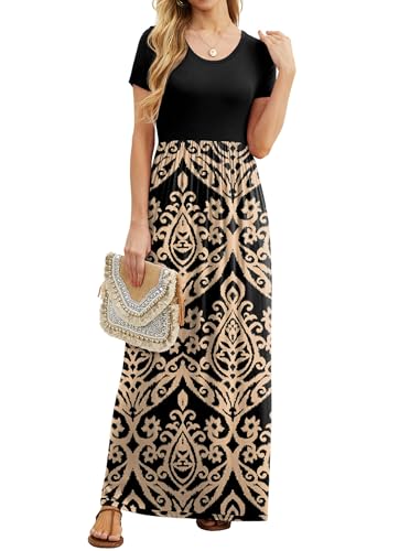 GRECERELLE Women Summer Crew Neck Casual Short Sleeve Solid Floral Print Long Maxi Dress with Pockets2