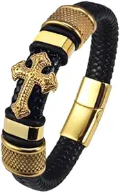 Pulseira Masculina "Leather Cross" em Couro Trançado com Cruz em Aço Inoxidável – Estilo Rústico, Fé e Personalidade – Acompanha Bolsa de Veludo