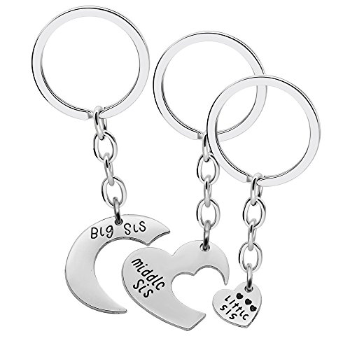 CAROMAY 3PC Keychain Rings Big Middle Little Sister Gift Matching Puzzle Heart Engraved