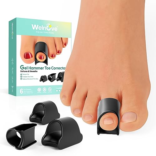 Image of Welnove Hammertoe Corrector - 6 Pack Toe Splints - Soft Gel Toe Straighteners - Realign Bent, Curled, Crooked, Claw, Hammer Toes for Men and Women, 3 Different Sizes (Black)