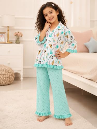 Image of superminis Baby Girls Hosiery Printed ' Animal Print Full Sleeves Night Suit with Frill On T Shirt and Pyjama