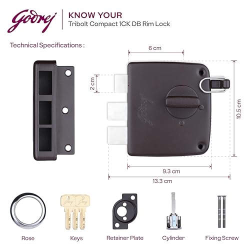 Image of Godrej Tribolt Compact 1CK LB | for Inside /Outside Opening Wooden Doors | 60mm Backset | Reversible Latch | 3 Keys | 3-Bolt Locking | Textured Brown Finish | 5 Year Warranty