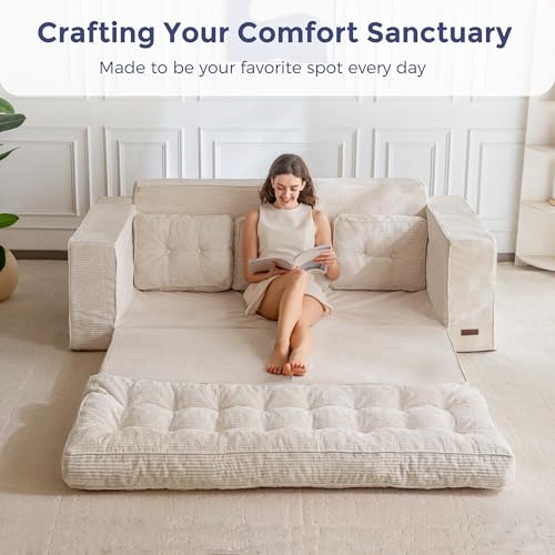 Image of MAXYOYO Convertible Sofa Bed, Pull Out Oversized Loveseat Sofa Couch, 2 in 1 Folding Couch Bed, Fold Out Floor Couch with Pillows for Living Room Bedroom Lounge, Beige