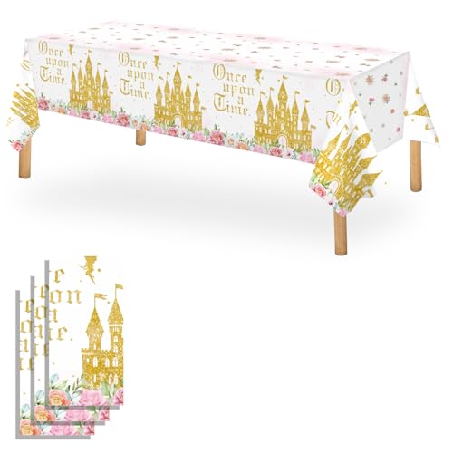 Image of OQOQ Princess Tablecloths (3 Packs), 54x108 Inch Pink Birthday Decorations Plastic Rose Castle Once Upon A Time Themed Table Cloth Disposable Rectangle Table Cover for Girls Birthday Party Supplies