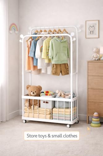 Image of Raawan Heavy Duty Double Rod Clothes Rack with Side Storage Shelves | Metal Garment Stand Organizer | Space Saving Cloth Hanger Stand for Bedroom, Living Room & PG (2 LAYER + BOX WHITE)