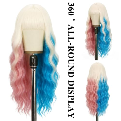NOSTALGIA Pink Blue Blonde Wig with Bangs for Women Long Wavy Synthetic Wig - image 2