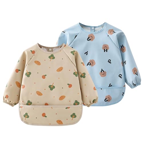 Wisebom Bavoirs Bébé avec Manches Longues, 2Pcs Étanche Bavette de Sevrage avec BLW & Poches Facile à Nettoyer et Lavable en Machine, Imperméable Bib...