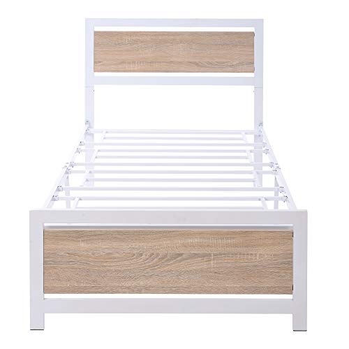 Nigwedete Twin Size Platform Bed Frame With Wood Headboard And Footboard, Metal Frame Bed With Under Bed Storage, Modern Bed For Adult Bedroom And Living Room, Easy To Assemble, White #TOP4