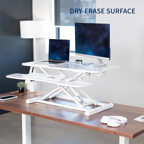 Image of VIVO 36 inch Desk Converter, K Series, Height Adjustable Sit to Stand Riser, Dual Monitor and Laptop Workstation with Wide Keyboard Tray, White Dry Erase, DESK-V036KWE