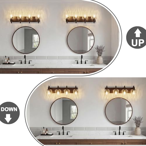 Image of Bathroom Light Fixtures Farmhouse Oil Rubbed Bronze Vanity Lights for Bathroom Lighting Fixtures Over Mirror with Hammered Glass Lampshade for Cabinet Mirror Bedroom Hallway 4 Light