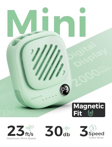 Image of Aecooly Mini Portable Neck Fan, Mighty Hands Free Fan, Magnetic Fit Click 01 USB Rechargeable [10H Max Cooling Time], Personal Battery Powered, Pocket for Travel, Summer, Gifts for Women -Green