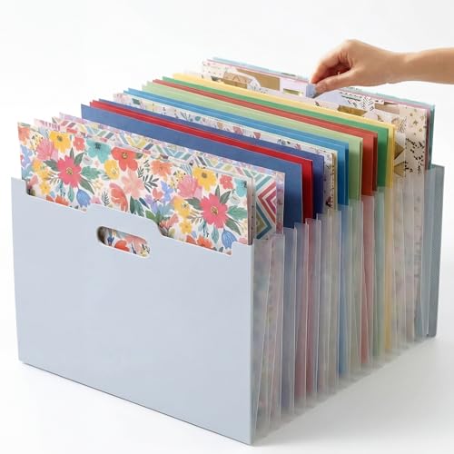 12x12 Scrapbook Paper Storage Organizer Expandable 13 Pocket Desktop Paper Organizer Storage for Scrapbook Essentials Large Scrapbook Storage for Photos Washi Tape Sticker (Light Blue)