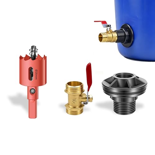 QTG Rain Barrel Spigot Kit 1/2 GHT Quarter Turn Ball Valve with Bulkhead Fitting Brass Faucet & 28mm Hole Saw for Water Containers & Garden Rainwater Tanks (Brass)