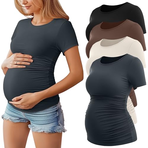 Huukeay 4 Pack Women's Maternity Shirts, Crew Neck Maternity Top Short Sleeve Casual Cotton Tee Side Ruched Pregnancy Clothes(Black, Dark Gray, Cream, Coffee,Large)