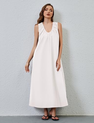 Image of Women Sleeveless Ruched Maxi Dress Scoop Neck Long Elegant Dresses Wide Shoulder Strap Blouse Dress with Side Pockets