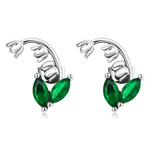 Pendientes de lirio de los valles con incrustaciones de piedra verde para mujer, joyería de plata de ley.