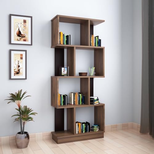 Image of Nilkamal Checkers Neo 4 Tier Engineered Wood Open Book Shelf|1 Year Warranty |Book Cabinet, Book Storage|for Living Room, Office, Library|Walnut