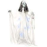 Halloween Haunters 5 Foot Standing Old White and Blue Witch with Purple Blue Evil LED Light-Up Eyes and Body Prop Decoration - Scary Wicked Face - Huge Haunted House Graveyard Entryway Display