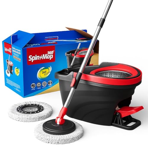 Image of EXVITO 360Spin Mop with Bucket | Dual Drive Floor Cleaning System with Stainless Steel Wringer | Super Absorbent Microfiber Heads 2 Refills Easy Self-Wringing MopSet for Home &Office - (RED Black)