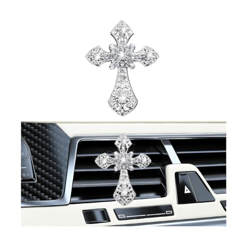 Image of Bling Cross Car Air Vent Clip, Crystal Rhinestone Sparkling Vehicle Air Conditioner Outlet Clamp Charm, Dazzling Diamond Automotive Vent Decoration Clip, Universal Fit (Silver)