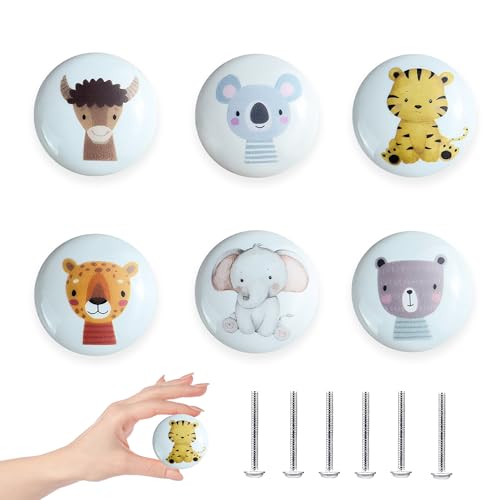 Image of Lasyman 6 Pack 1.5" Ceramic Cute Safari Animal Nursery Kids Room Furniture Cabinet Dresser Drawer Knobs