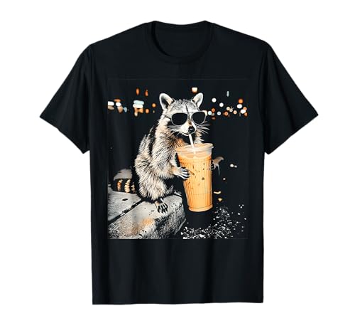 Raccoon Drinking Iced Coffee, Animal Meme T-Shirt