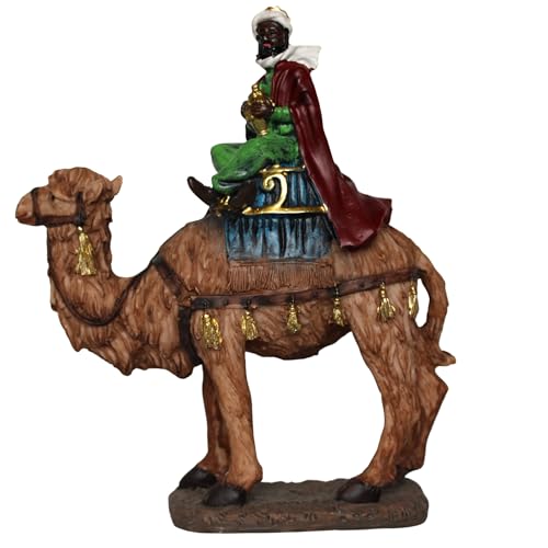 BEST&FREE Figura Rey Mago en Camello 22 cm – Figura Individual Artesanal para Belén – Decoración de Navidad Tradicional Hecha y Pintada a Mano (Baltasar)