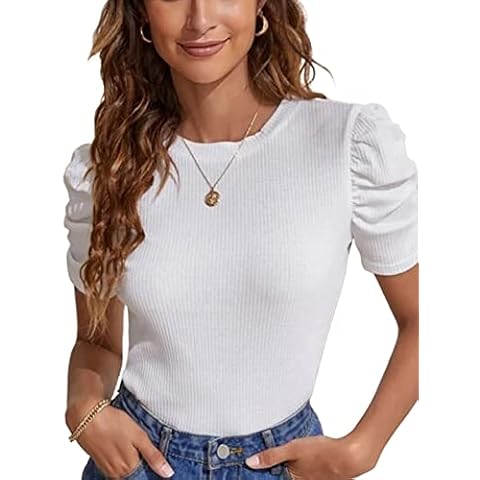 Tuopuda Women's Knitted Shirt Crew Neck Puff Short Sleeve Vintage Knit Tee Elegant Tops Pullover T-Shirt Plain Slim fit Casual Basic Top(White,L) Cover