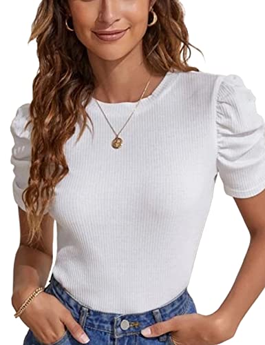 Tuopuda Magliette Donna Estive T-Shirt Maniche a Sbuffo Elegante Top a Coste Elasticizzato Tee Maglietta Casual Camicia in Maglia Girocollo Blusa Taglie Forti, A1-Bianca, L