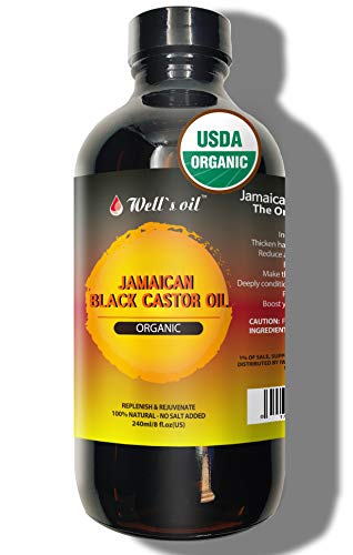 Well's 100% Pure Organic Jamaican Black Castor Oil (8oz) 100% Pure, Cold Pressed, No Salt, Perfect for Hair, Eyelashes Growth, Treatment for Dry and Cracked Skin, Massage Oil, Skin Oil