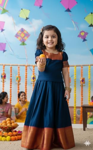 Image of R P CREATION Kids Silk Lehenga Choli Set | Zari Bordered Ghagra Choli | Traditional Ethnic Wear for Weddings, Poojas & Festivals