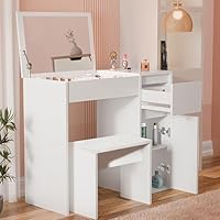 Blisswood Dressing Table with Flip-Up Mirror & Stool – Vanity Makeup Desk with Hidden Storage, Convertible Writing or Office Table, Cosmetic Make up Bedroom Dresser for Women Girls Room_White