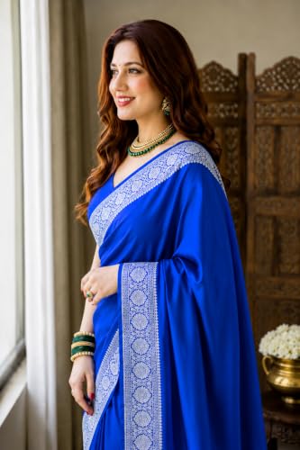 Image of Women's Glory Banarasi Satin Kanjivaram Saree Silver Zari Border Pure Soft Blend Silk Sari Kanchipuram Paithani Silk Party Wedding Festive New Ladies Sadi with Unstiched Blouse Piece. (Pink)