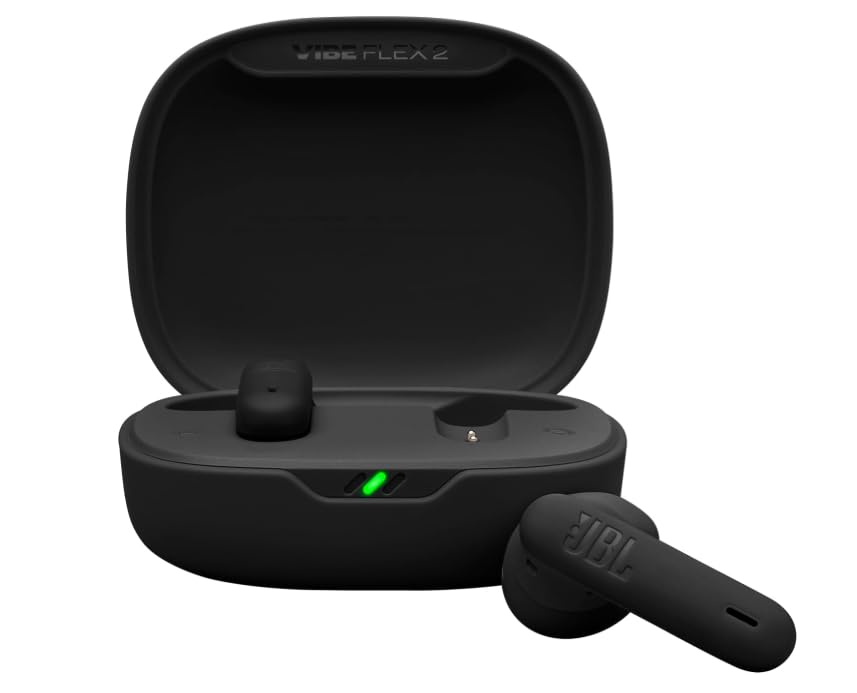 JBL Vibe Flex 2 Kopfhörer, Bluetooth, kabellos, In-Ear, Schwarz, mit Ladebox, 40 Stunden Akkulaufzeit, Smart Ambient, integriertes Mikrofon, Freisprecheinrichtung, strapazierfähig
