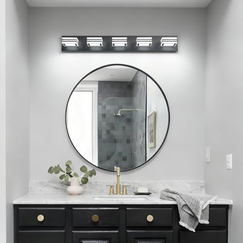Image of SOLFART LED Bathroom Lighting Fixtures - 5 Lights Modern Matte Black Acrylic Vanity Lights for Mirror 32inch 24W