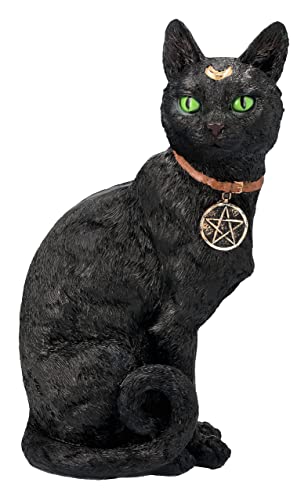Estatua Realista de Gato Negro con Luna y Amuleto Wicca 12 pulgadas