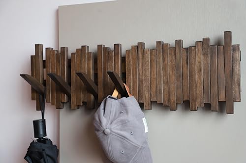 Image of Natural Wood Wall Mounted Piano Coat Rack| Coat Rack Wall Mount| Flip Down Wall Hook Rack 7 Hooks| Entryway Wall Art Hook,Made of Acacia Wood (Wood Wax Oil Dyed Walnut Color).Wall Art