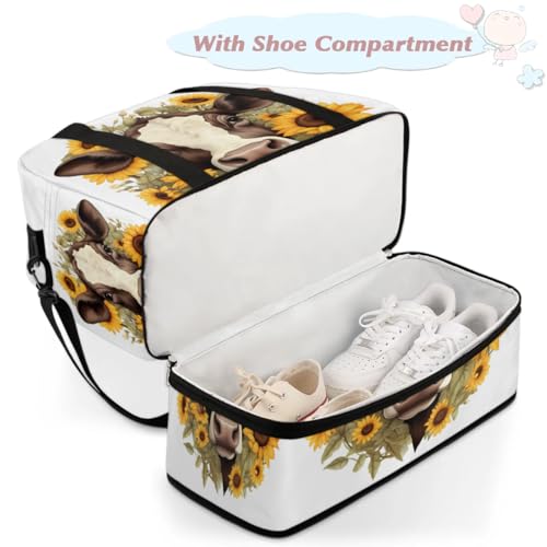 Travel Duffel Bags Sunflower Cow Foldable Weekender Bags for Women with Shoes Compartment Waterproof & Tear Resistant Carry on Overnight Luggage Duffel Bag Shoulder Sports Tote Bag,A-3134