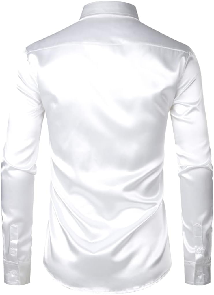 Weißes Smokinghemd Aus Seidensatin Für Herren, Langärmelig, Tailliert, Für Hochzeiten, Partys Und Tanzen, Freizeithemden Für Herren., White, L