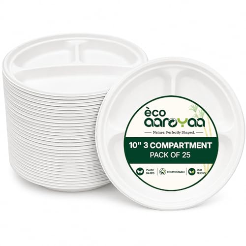 Image of Eco Aaroyaa Bagasse 10 Inch 3 Compartment Plates - Eco-Friendly Bagasse Disposable Plates - Strong Oil & Water Resistant Disposable Plates with Compartments for Parties, Catering & Events (Pack of 25)