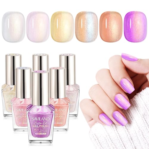 Image of SAVILAND Color Artistry Nail Polish Set : 6 Summer Shimmer Pearl Pink Purple White Mermaid Fingernail Polish, Quick Dry Nail Polish Non Gel Long Lasting DIY Manicure for Finer Toe Nail Art Lover