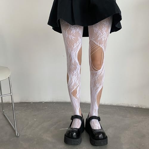 Socks,Women Gothic Fishnet Pantyhose Harajuku Irregular Ripped Holes Mesh Tights Rose Floral Pattern Stockings3