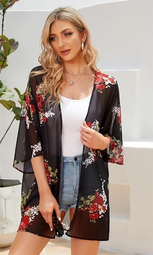 Image of Women's Floral Print Puff Sleeve Kimono Cardigan Loose Cover Up Casual Blouse Tops 2026