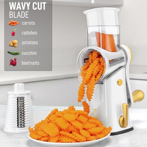 Image of Zulay Kitchen Rotary Cheese Grater 5 Blade Cheese Shredder - Manual Hand Crank Cheese Grater With Reinforced Suction & 5 Interchangeable Drums - Easy to Use, Vegetable Chopper Round Mandoline Slicer